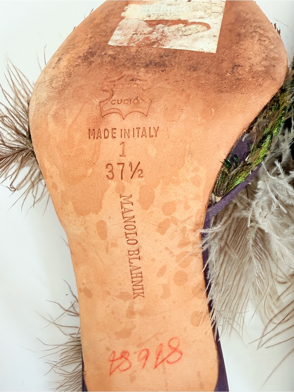Manolo Blahnik AW97 Rare Peacock Feather Mule Heels Purple Archival 37.5 - Picture 8 of 8